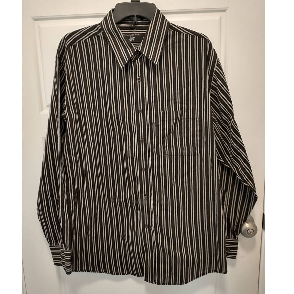 Beverly Hills Polo Club Shirt Mens XL Black Brown Striped Long Sleeve Button Up